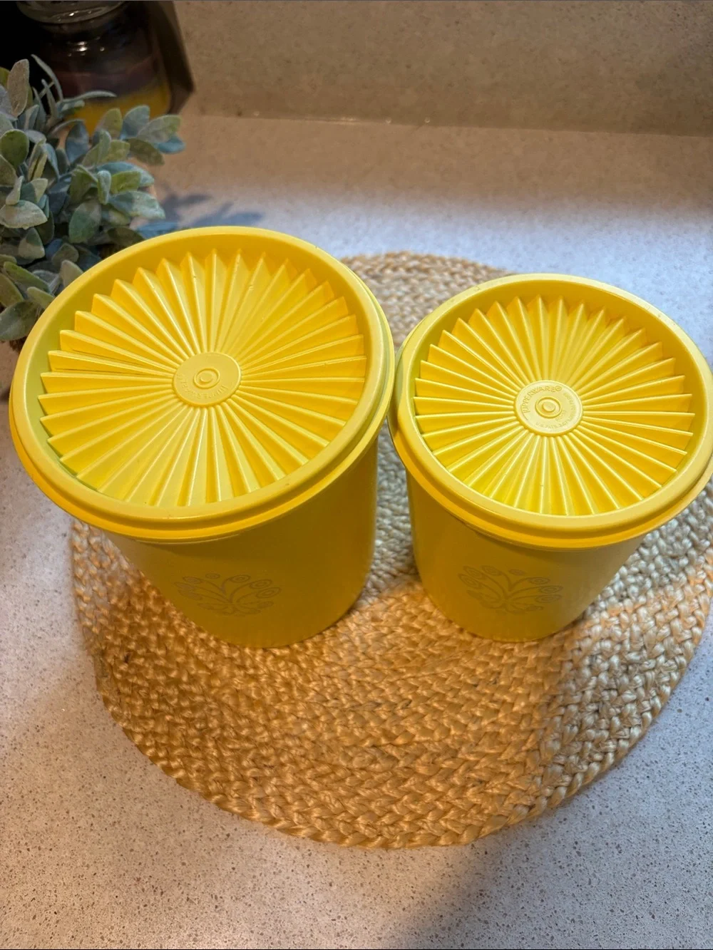 (2) Vintage Tupperware Yellow Servalier Canisters (809 and 811)